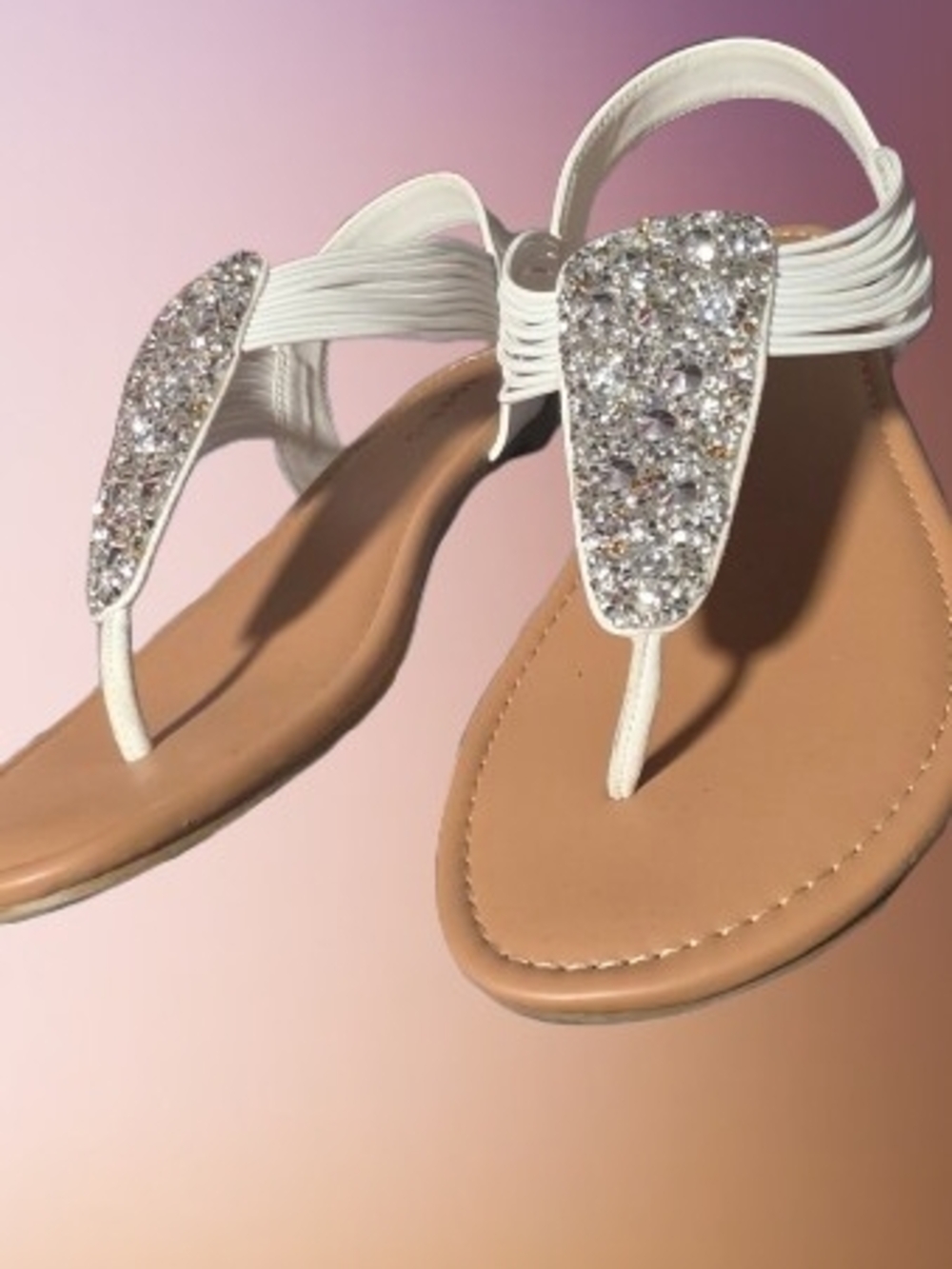 Women's White Embellished T-Strap Sandals